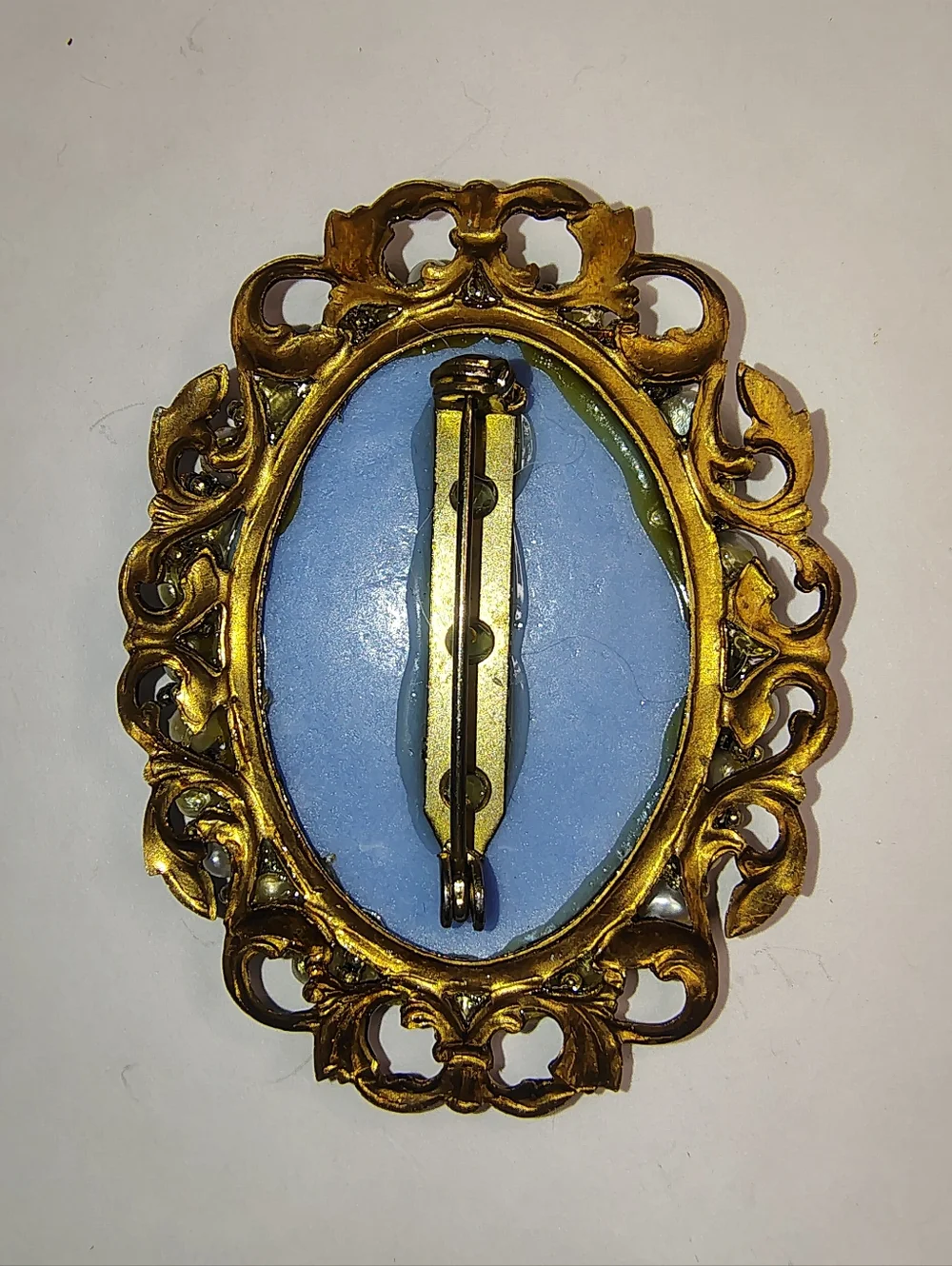 Vintage Cameo Brooch US Capitol Building Blue White‎ Faux Pearl Gold Tone